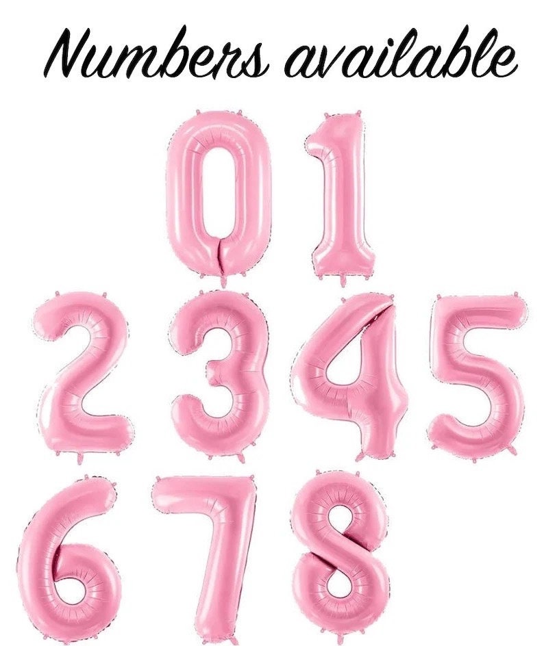 May include: Pink foil number balloons, numbers 0 through 8, for party decorations.