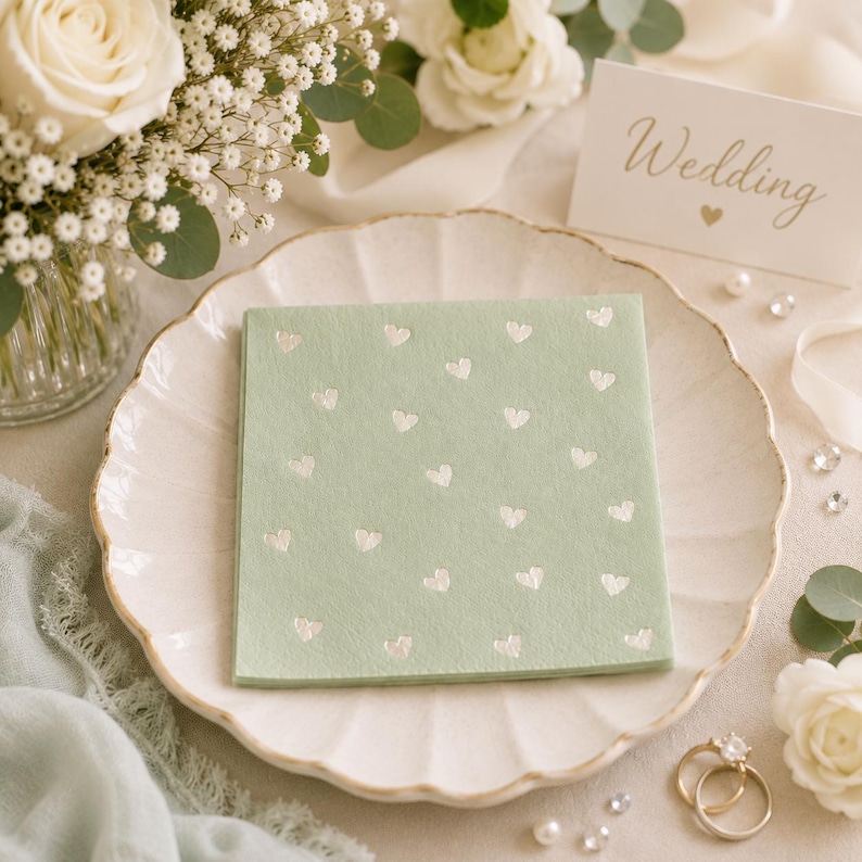 20 Small Sage Green Cocktail Paper Napkins with Gold Foil Hearts, 12cm/4.2in folded, 3ply image 1