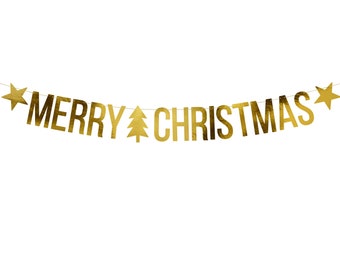 Long Merry Christmas Banner, 10.5cm x 150cm, Gold Mirror Paper, Christmas Party, Gold Merry Christmas Banner, Gold Christmas Banner, Door