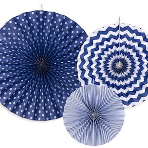 Eleganti ventagli di carta da appendere - Blu navy - 3 in ogni confezione - Decorazione da parete per feste - Girandola - Kit di decorazioni per ventagli - Sfondo blu