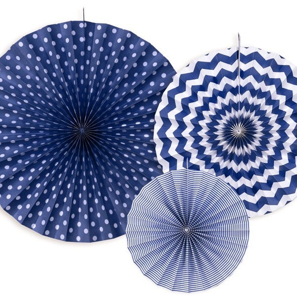 Elegant Hanging Paper Fans - Navy - 3 in each pack - Party Wall Decoration - Pinwheel - Fan Decor Kit - Blue Backdrop