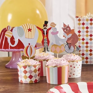 12 circusvoedselprikkers en voedselbekerset, circustaarttopper, circusthemafeest, kermisthema, circusfeest, vintage circusdecor, circustaart