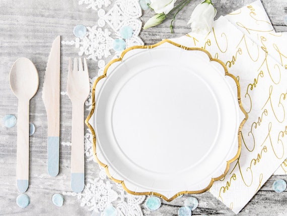 Assiettes en papier métallisé or blanc Vaisselle blanc et or