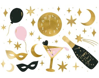 FECEDY Silvester-Deko-Set: Wimpelkette Happy New Year Mit Goldenen Flaggen, Luftschlangen & Pompons - Party-Dekoration Für Neujahr
