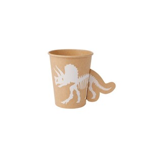 May include: A brown paper cup featuring a white dinosaur skeleton design. The cup has a dinosaur tail-shaped handle. Ideal for serving drinks.