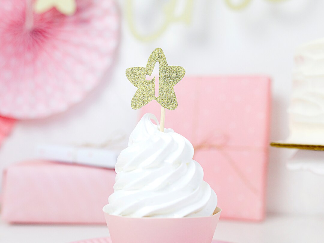 First Birthday Cupcake Toppers Set of 6 Number 1 Cupcake Topper Gold ...