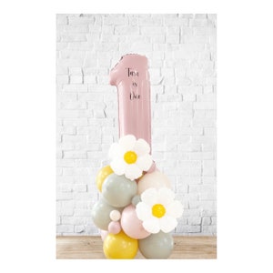 Fai da te grande 55" scultura di palloncini compleanno margherita, pila di palloncini margherita, kit fai da te, senza elio, compleanno di ragazze, palloncini con numeri rosa, 1° compleanno
