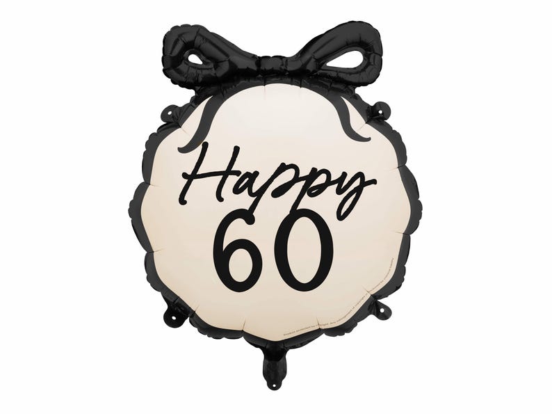 K&ouml;nnte beinhalten: Schwarz-wei&szlig;er Ballon mit Schleife oben. Der Ballon tr&auml;gt den Text "Happy 60".