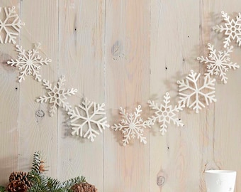 Glitter Snowflake Bunting, White Christmas Decorations, Snowflake Banner, White Christmas Decorations, Winter Wonderland Decor, Snowflakes