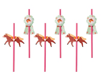 May include: Set of six pink and green paper straws with brown horse cutouts and a pink ribbon with a green floral pattern. The ribbon has a small horse head cutout with a pink and white rosette.