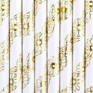Pretty Metallic Gold Daisy Print Straws, White and Gold Flower Straws, Metallic Gold Straws, Straws with Floral Pattern, Afternoon Tea Straw