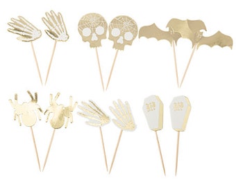 White and Gold Halloween Food Picks, Halloween Food Toppers, Halloween Baking Decorations, Zombie Cupcake Toppers, Halloween Buffet, Skull