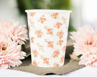 8 Peachy Floral Paper Cups, Paper Cups, Floral Paper Cups, Afternoon Tea Decorations, Floral Tableware,  Mother's Day Tableware