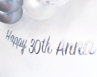 Personalised Silver Birthday Banner, Any Number, Silver, Happy Birthday Banner, 40th Birthday Banner, 18th, 21st, 30th, 50th
