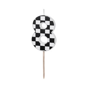 May include: Black and white checkered number eight birthday candle. The candle is on a wooden stick.
