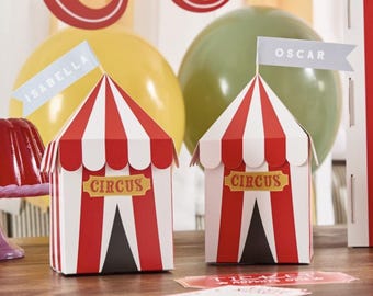 4 Circus Customisable Party Boxes, Circus Boxes, Circus Themed Party, Funfair Theme, Circus Tableware, Red and White Boxes, Treat Boxes