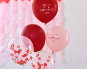 Pink, Red and Confetti Hearts Valentine's Day Balloons Bundle, Happy Valentine's Day Balloons, Be Mine, Pack of 5, Red Heart Balloons