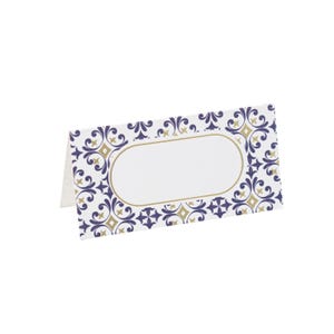 10 segnaposto Dolce Vita, alta qualità, carta blu, bianca e oro, 8 x 4 cm, segnaposto stile Azulejos, segnaposto azzurro, tema italiano