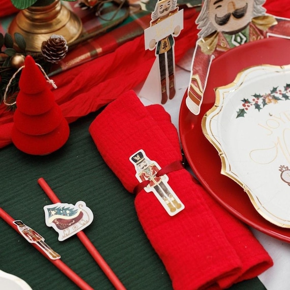 8 Ronds De Serviette En Velours Avec Nœud Rouge - Décoration De Table Noël, Fêtes, Dîners - Lot Durable