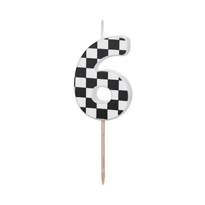 May include: Black and white checkered number six birthday candle. The candle is on a wooden stick.