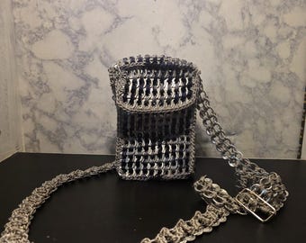 Silver black crochet bag, cellphone purse, cellphone crossbody bag, pop tab purse, unique gift for her, zero waste gifts, sustainable
