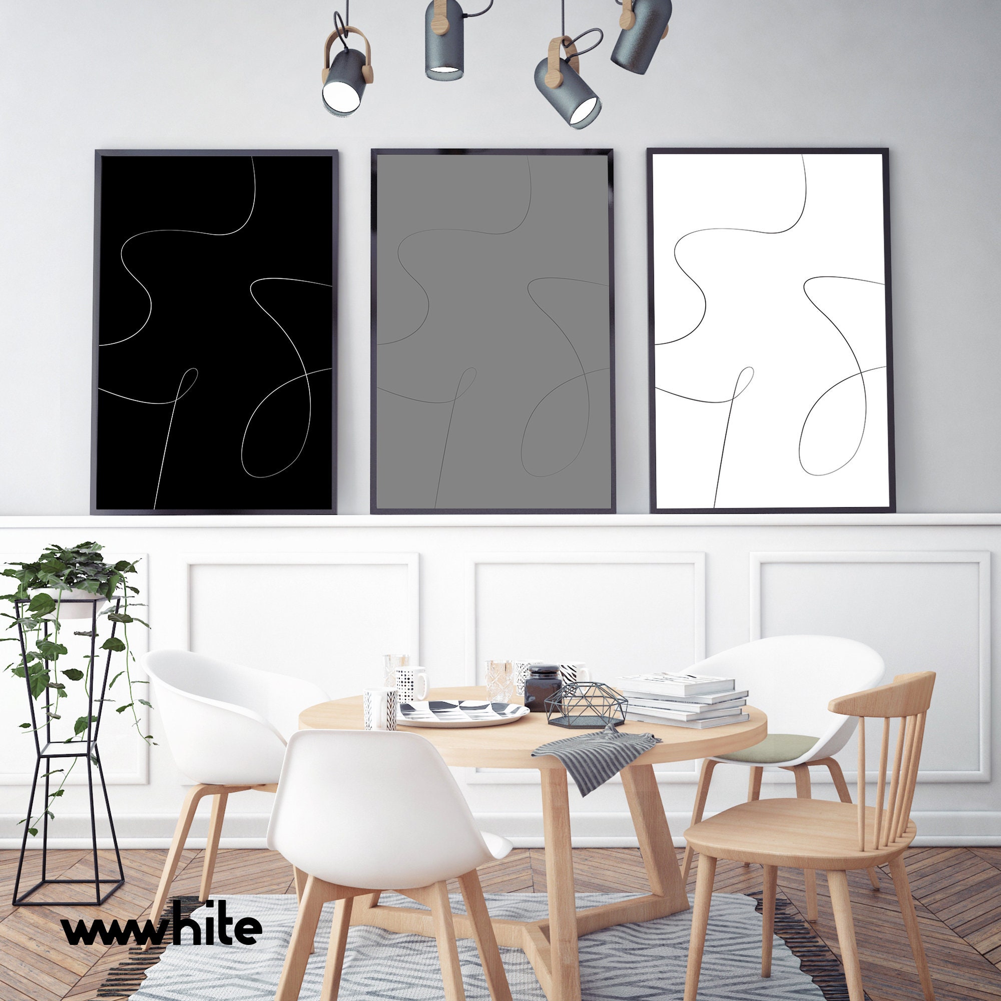 Set of 3 Monotone Abstract Minimalist Fine Line Doodle Drawing ...