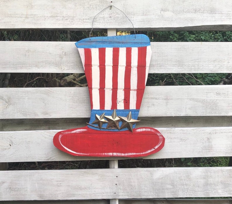 wooden American Hat 4th of July decor Rustic American front porch hat Wooden Sign patriotic decor primitive front door sign USA