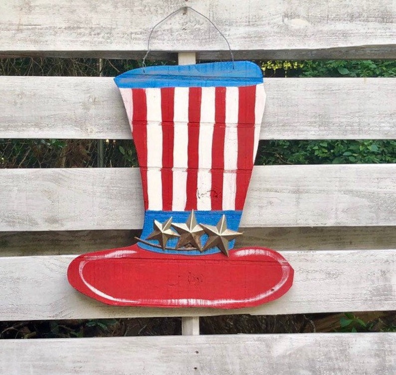 wooden American Hat 4th of July decor Rustic American front porch hat Wooden Sign patriotic decor primitive front door sign USA