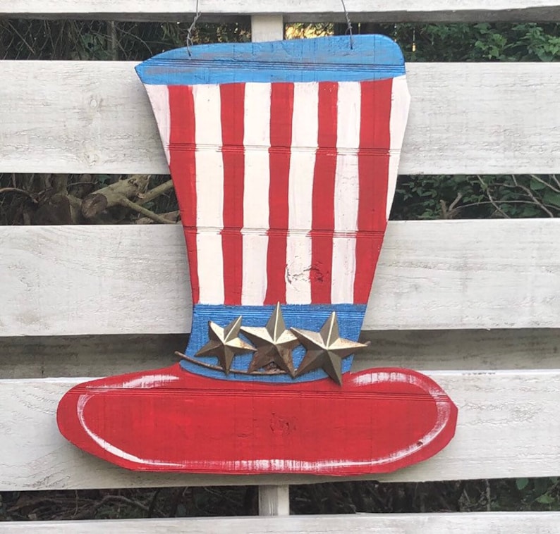 wooden American Hat 4th of July decor Rustic American front porch hat Wooden Sign patriotic decor primitive front door sign USA