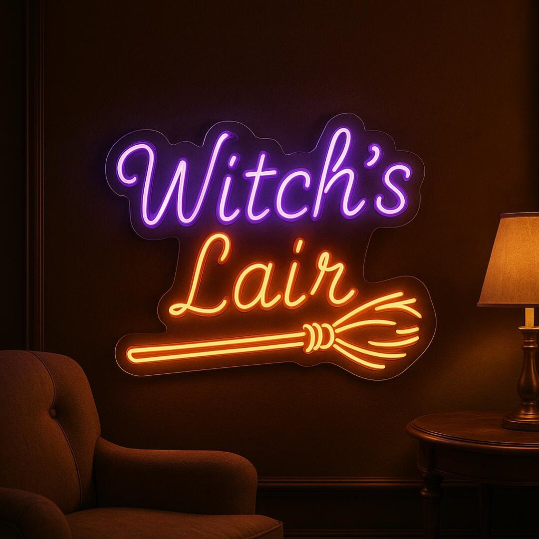Witch’s Lair Neon Sign With Broom – Spooky Halloween Wall Light for ...