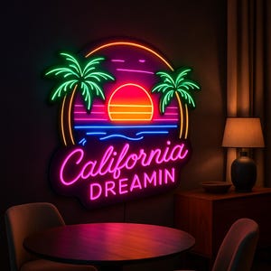 California Dreamin Neon Leuchtreklame - Palmen & Sonnenuntergang Strandlicht für tropische, Küsten oder Sommer Dekoration