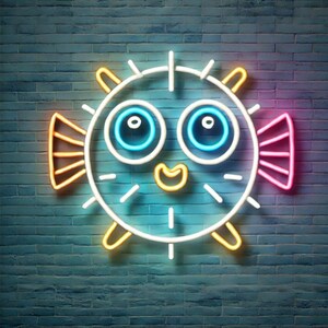May include: A neon sign of a cartoon pufferfish with big blue eyes, a yellow smile, and orange and pink fins. The sign is on a blue brick wall.