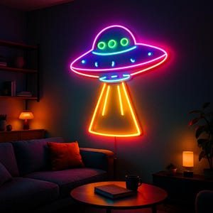 UFO Neon Sign with Light Beam – Alien Spaceship Wall Art – Sci-Fi Neon Decor for Bedroom, Game Room, Bar or Man Cave