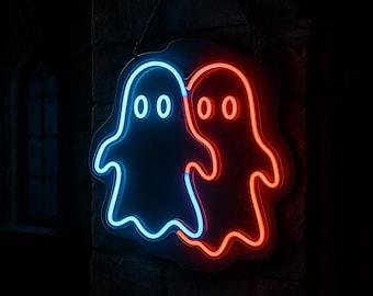 May include: A neon sign featuring two ghost figures. One ghost is outlined in blue, the other in red. The sign is hanging against a dark brick wall. The ghosts have simple, round eyes and a friendly appearance, perfect for Halloween.