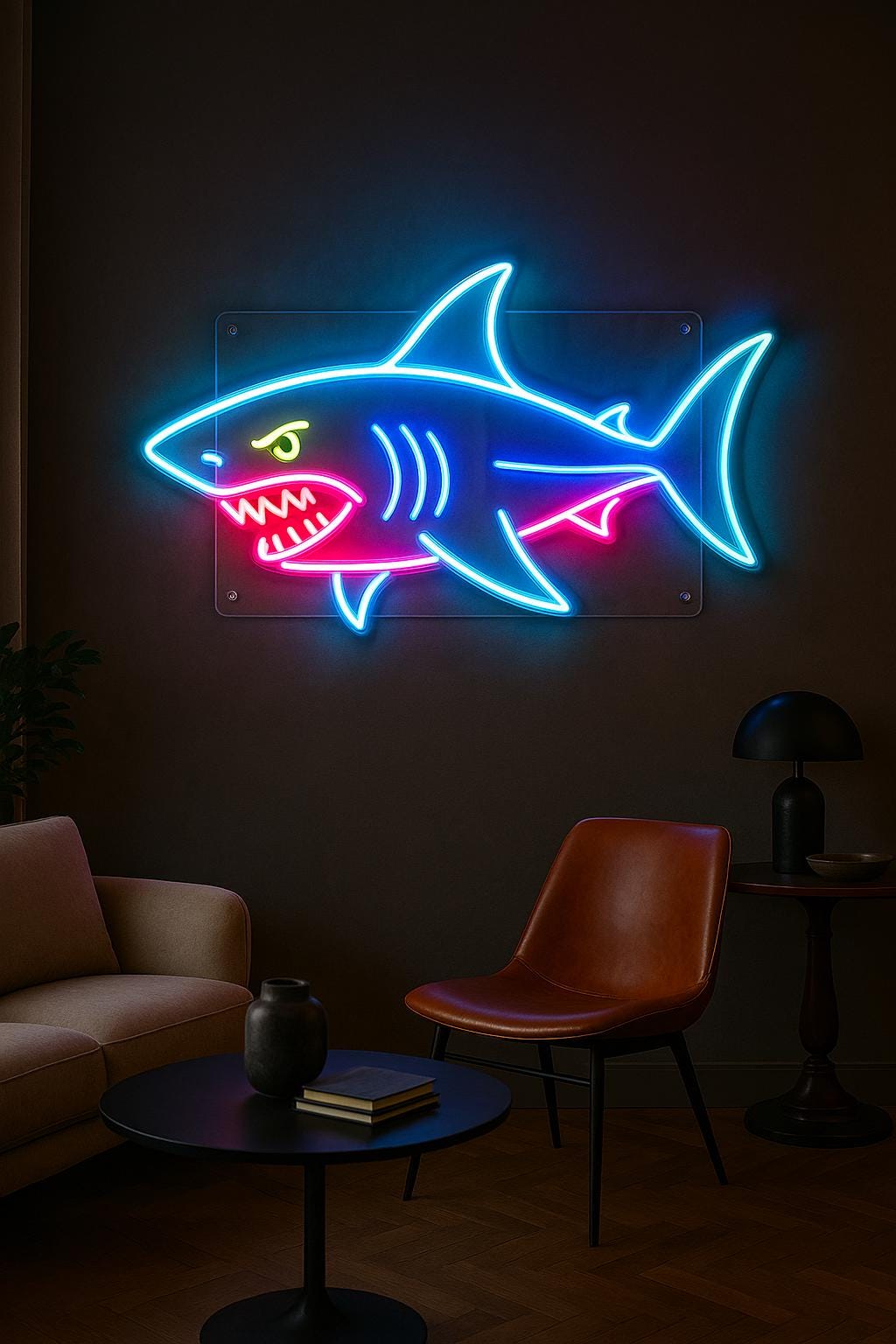 Shark neon sign, angry shark neon sign, led shark sign, blue shark neon sign