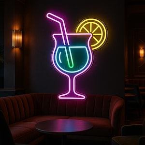 Cocktail-Leuchtreklame mit Zitronenscheibe - Bar- oder Küchendekor, tropisches Getränk-LED-Wandlicht für Haus oder Geschäft