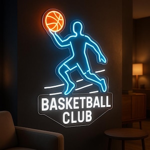 Insegna al neon di basket: giocatore di basket con palla e luce al neon personalizzata &quot;Basketball Club&quot; per sala giochi, bar o decorazione di una caverna per uomini
