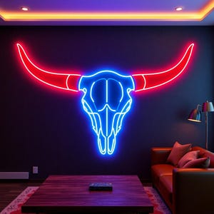 Bull skull neon sign, longhorn skull neon light, western decor neon sign, cowboy skull neon sign, texas bull skull light