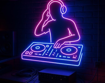 DJ Neon Sign – Silhouette DJ at the Decks Neon Light for Club, Studio or Man Cave Decor