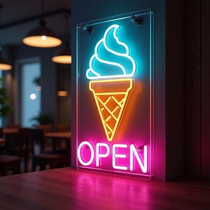 Neon-Eisschild offen, Eistüte Neonschild, Neon-Eistüte-Licht, Eiscreme-Neonanzeige, Neon-Eisskulptur