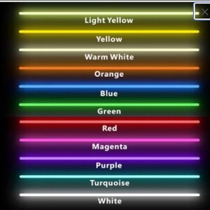 May include: A graphic showcasing a spectrum of neon light colors. The image displays horizontal lines of light in various hues, including light yellow, yellow, warm white, orange, blue, green, red, magenta, purple, turquoise, and white, each labeled with its corresponding color name.