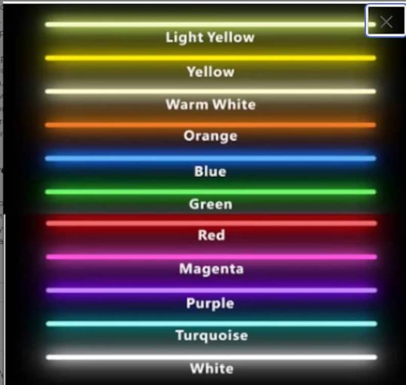 May include: A graphic showcasing a spectrum of neon light colors. The image displays horizontal lines of light in various hues, including light yellow, yellow, warm white, orange, blue, green, red, magenta, purple, turquoise, and white, each labeled with its corresponding color name.