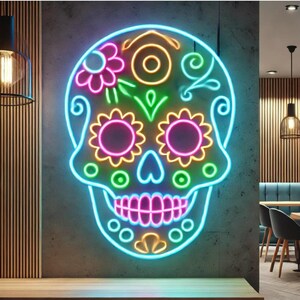 Sugar skull neon sign, Day of the Dead neon sign, Neon skull light, Neon Dia de los Muertos sign