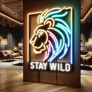 Lion Head Neon Sign – &quot;Stay Wild&quot; LED Neon Light for Jungle, Safari or Man Cave Decor