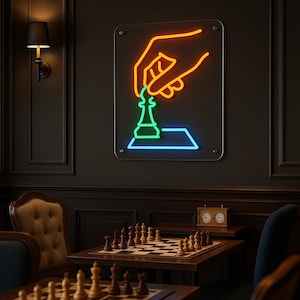 Chess Neon Sign – Hand Moving Chess Piece Neon Light for Game Room, Man Cave, or Chess Lovers Decor