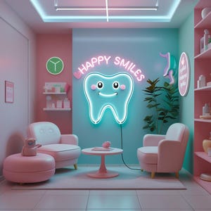 Dental clinic for kids neon sign, kids dental happy smiles neon sign, dental neon light, tooth neon sign, dental care neon sign