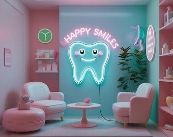 Dental clinic for kids neon sign, kids dental happy smiles neon sign, dental neon light, tooth neon sign, dental care neon sign