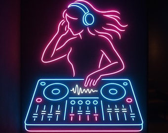 DJ woman Neon Sign – Silhouette DJ at the Decks Neon Light for Club, Studio or Man Cave Decor