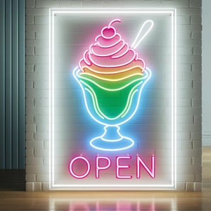 Neon Eis Schild mit Aufschrift zum Öffnen, Eistüte Leuchtreklame, Neon Eistüte Leuchte, Eiscreme Leuchtreklame