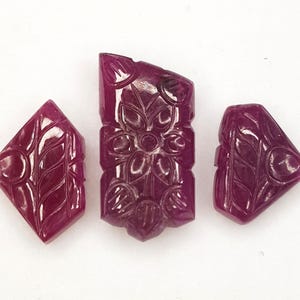 Natural Ruby Hand Carved Gemstone , Unheated Fancy Shape Carvings 3 pcs